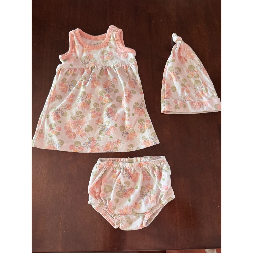 Sapling Child Floral Organic Cotton Dress Bloomers and Hat Set 0-3 Months Pink‎